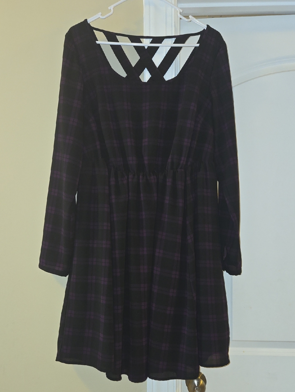 torrid Black & Purple Plaid Long-Sleeve Dress with Crisscross Back